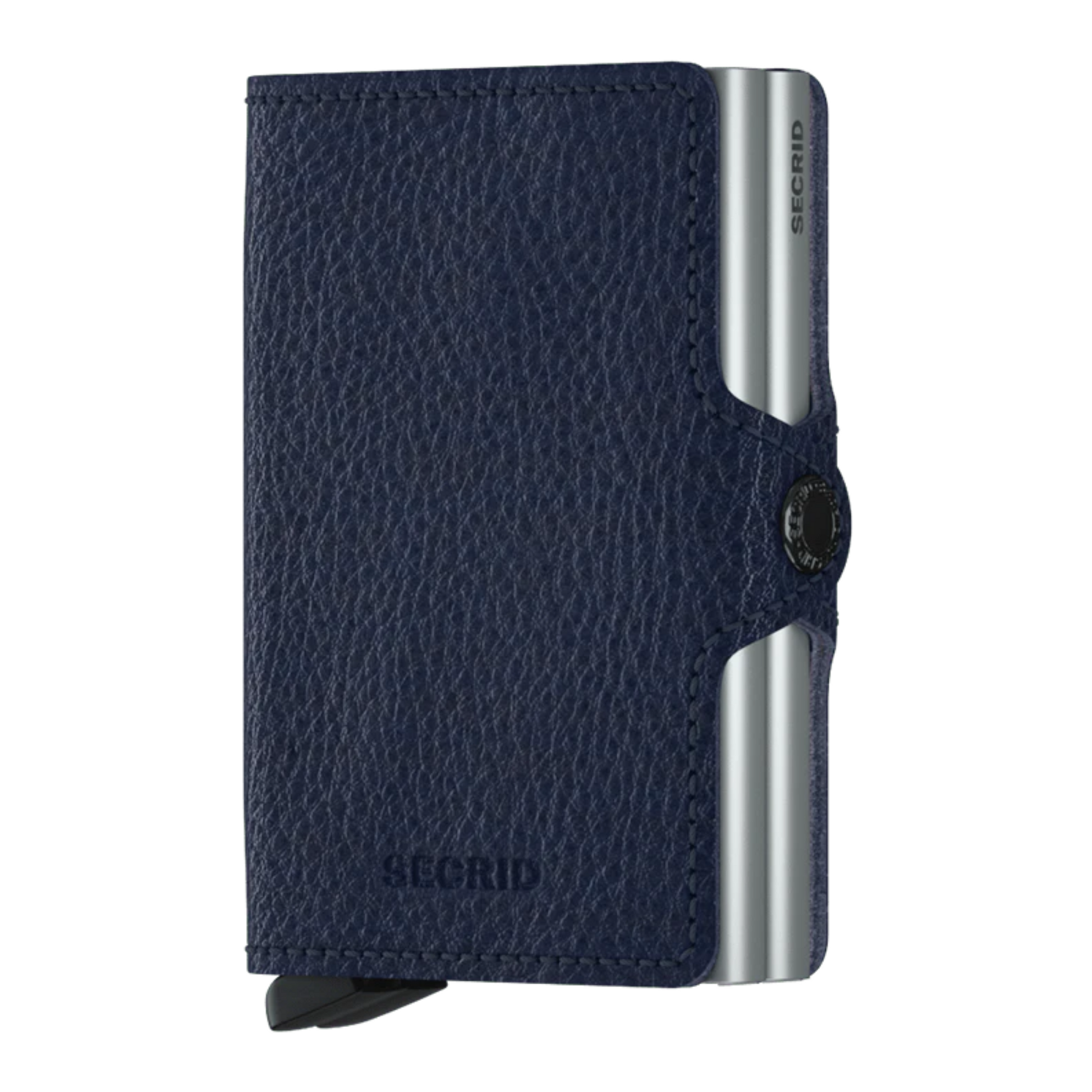 A textured blue wallet features a pair of metallic silver cardholders.