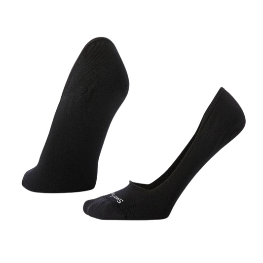 A pair black low rise socks is posed with heel up from a profile and back view.