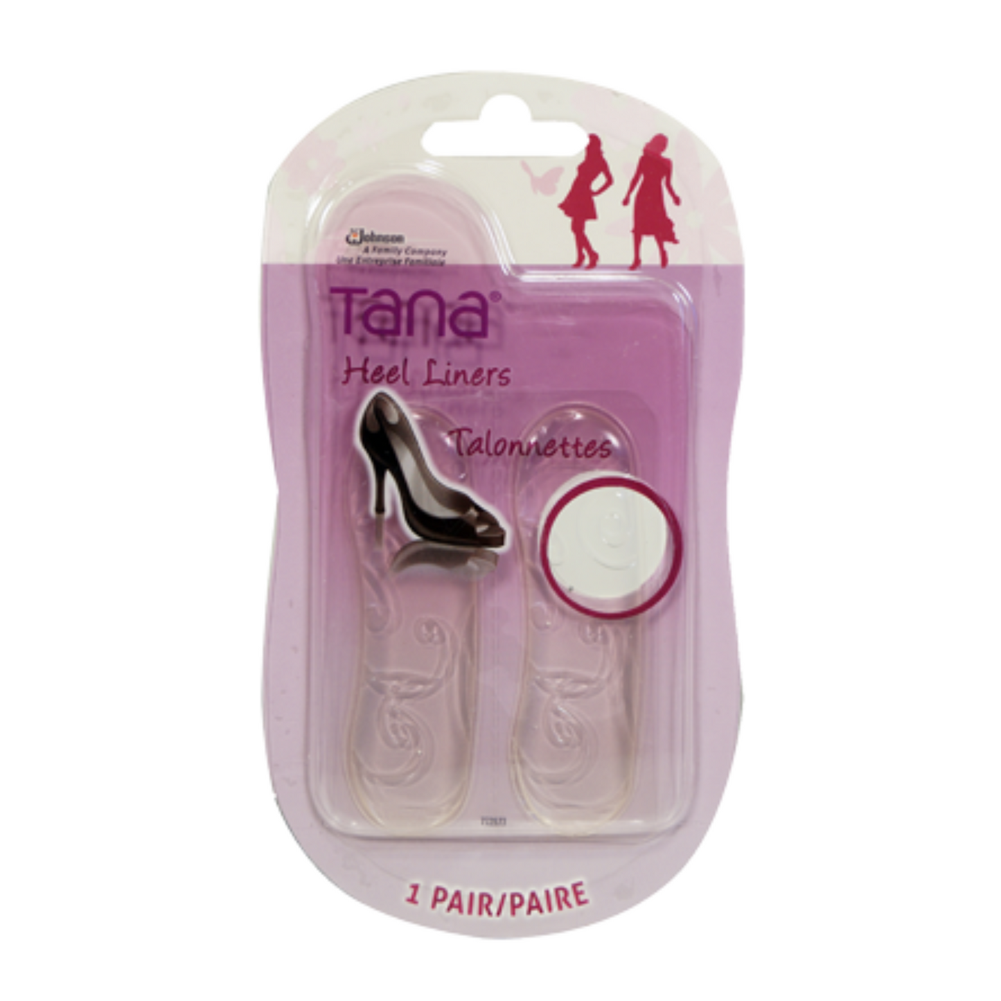 The front face of a box of clear gel heel liners, with a small image of a heeled shoe on it.