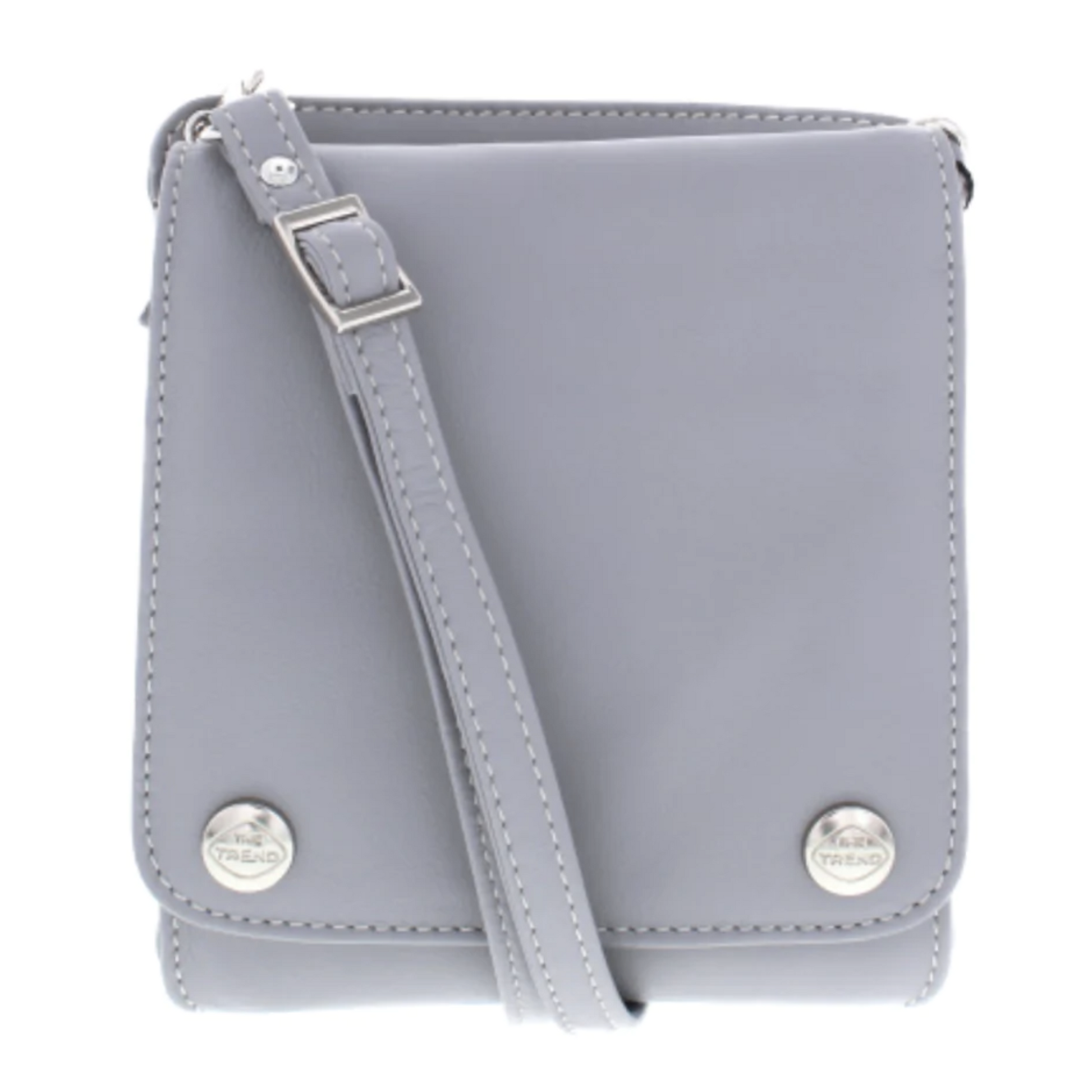 The front of a grey eather bag, with a square face and two shiny silver metal buttons, each bearing "The Trend" logo.