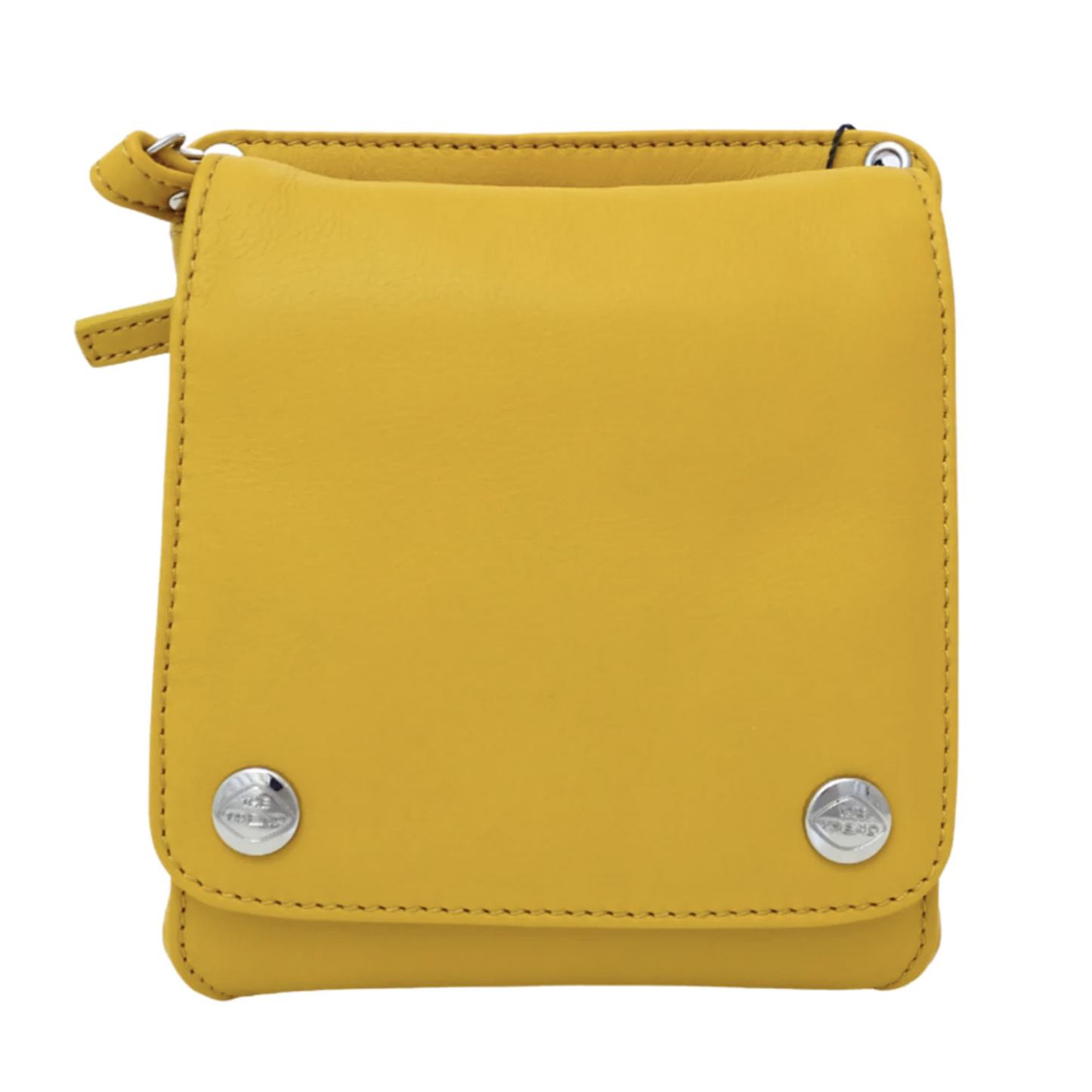 The front of a mustard yellow leather bag, with a square face and two shiny silver metal buttons, each bearing "The Trend" logo.