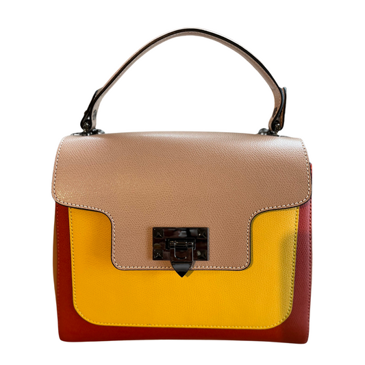 A small square bag is pictured from the front with leather orange framing, yellow centre, and tan top with handle and metal buckle.