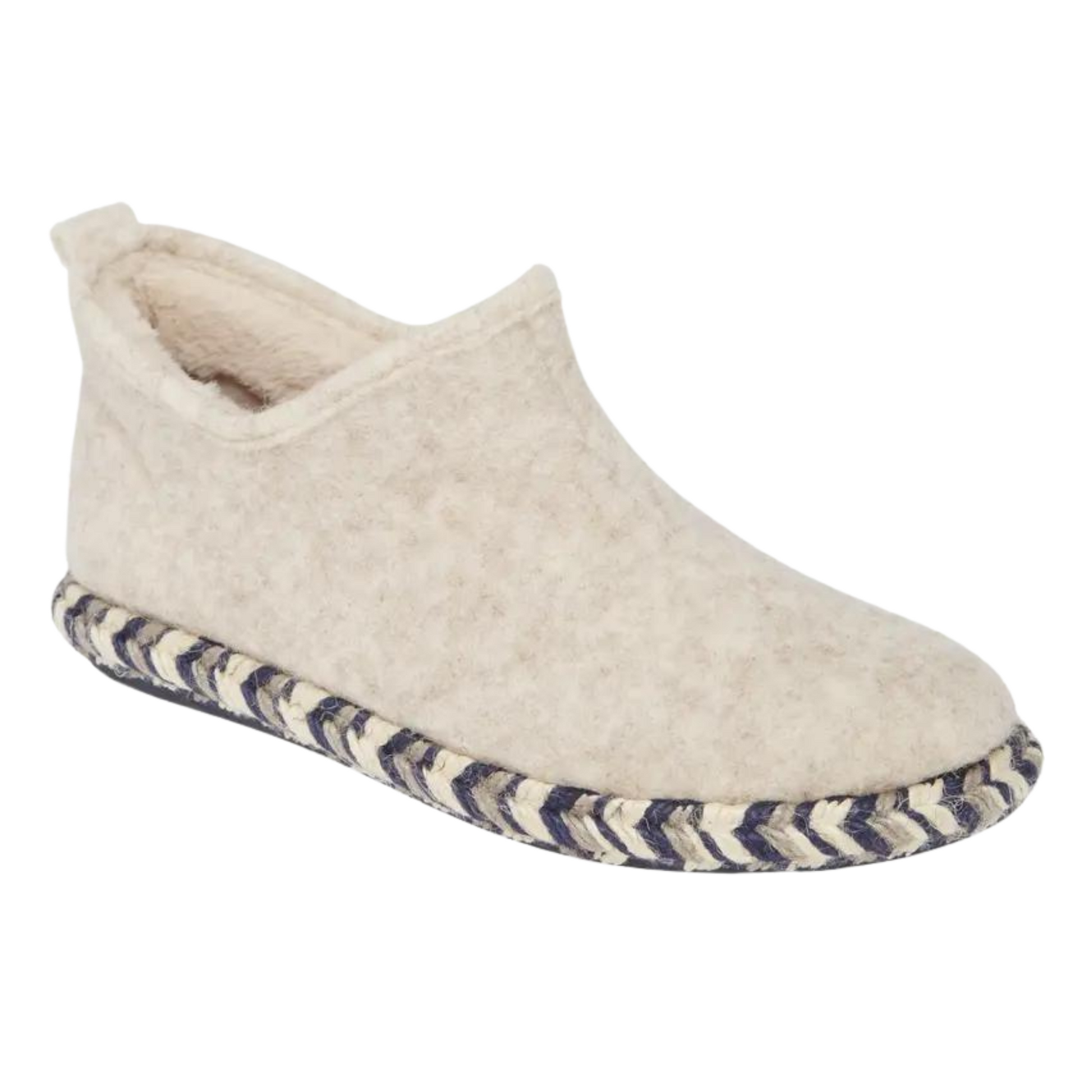 Cream coloured felted slipper with black, off-white, and beige chevron stitch lining the sole.