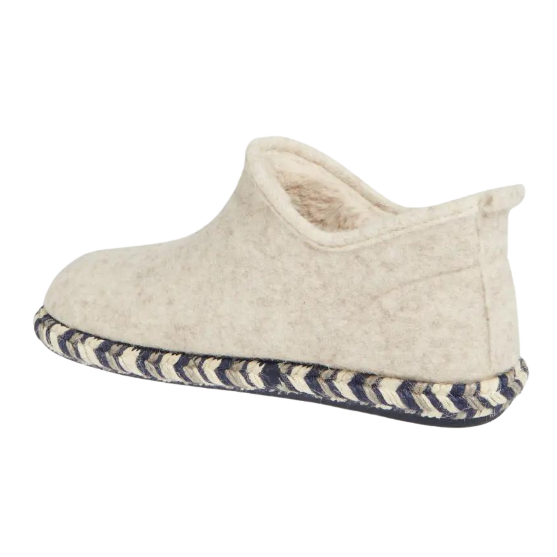 The back angle of the cream slipper shows the inner fir lining, and is complimented by the chevron stitch at the sole.