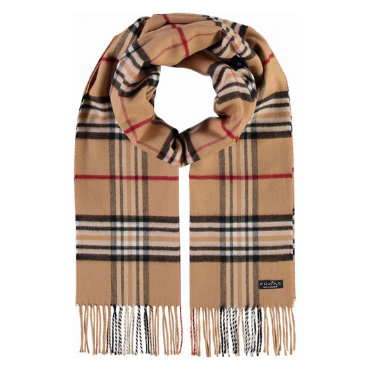 A scarf in a light brown features black, light grey, and red plaid pattern with tassels lining the edges.