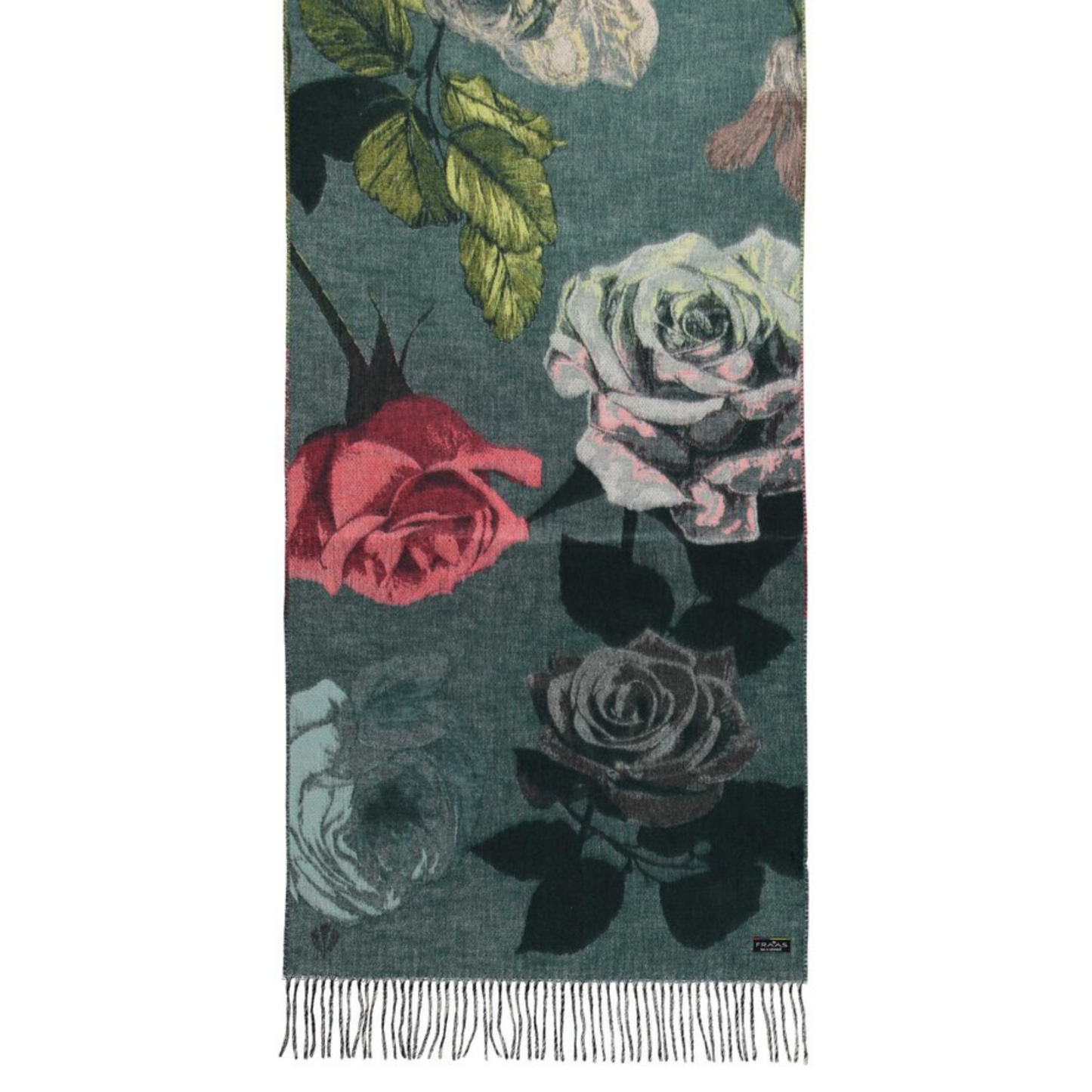 A view of the print of the scarf shoes various colours of white, green, and pink roses on a blue-green background with tassels on the ends.