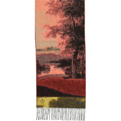 A tapestry like scarf depicts a peaceful rural landscape with tree and lake in tonal browns.