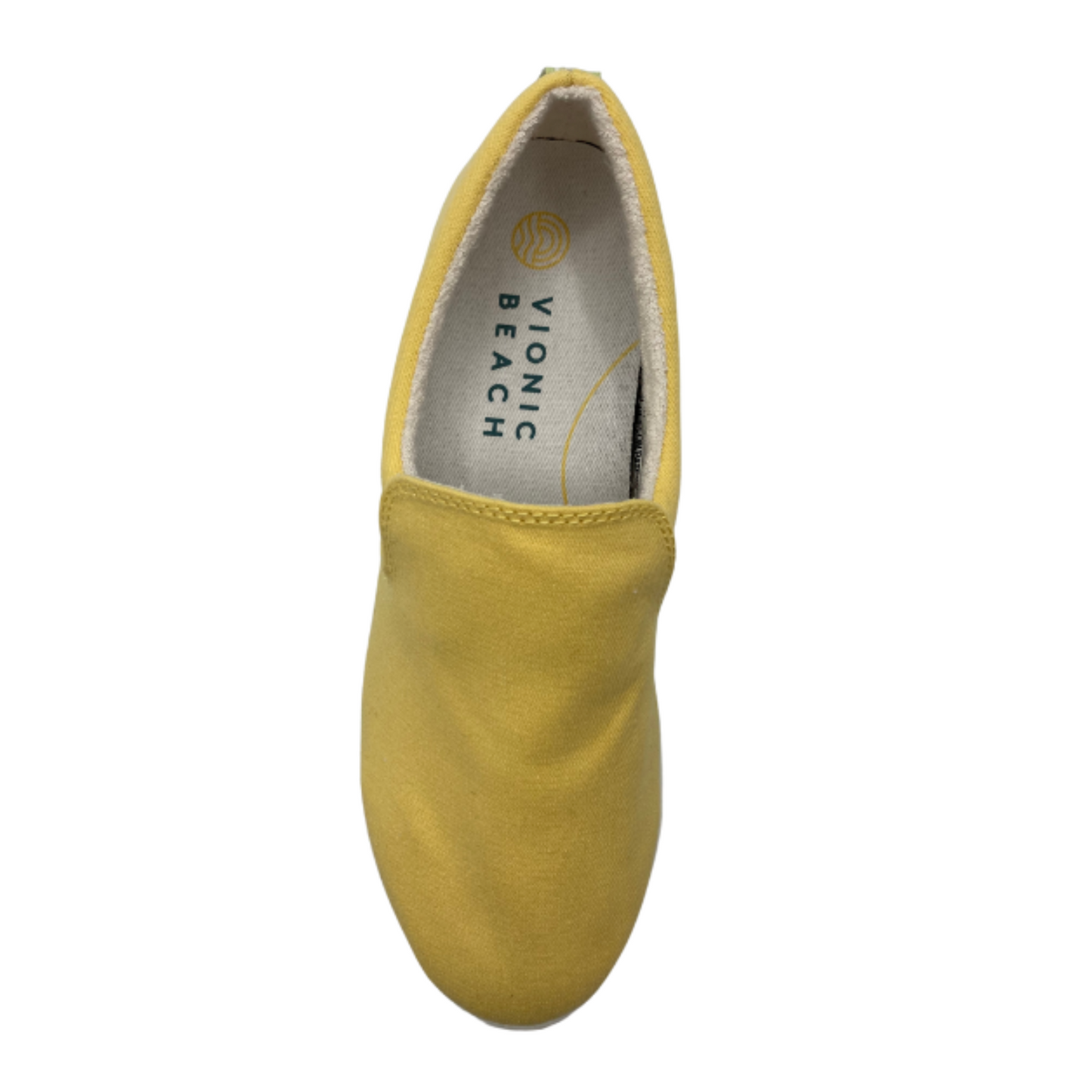 A top view of a yellow slip-on sneaker with a white outsole.