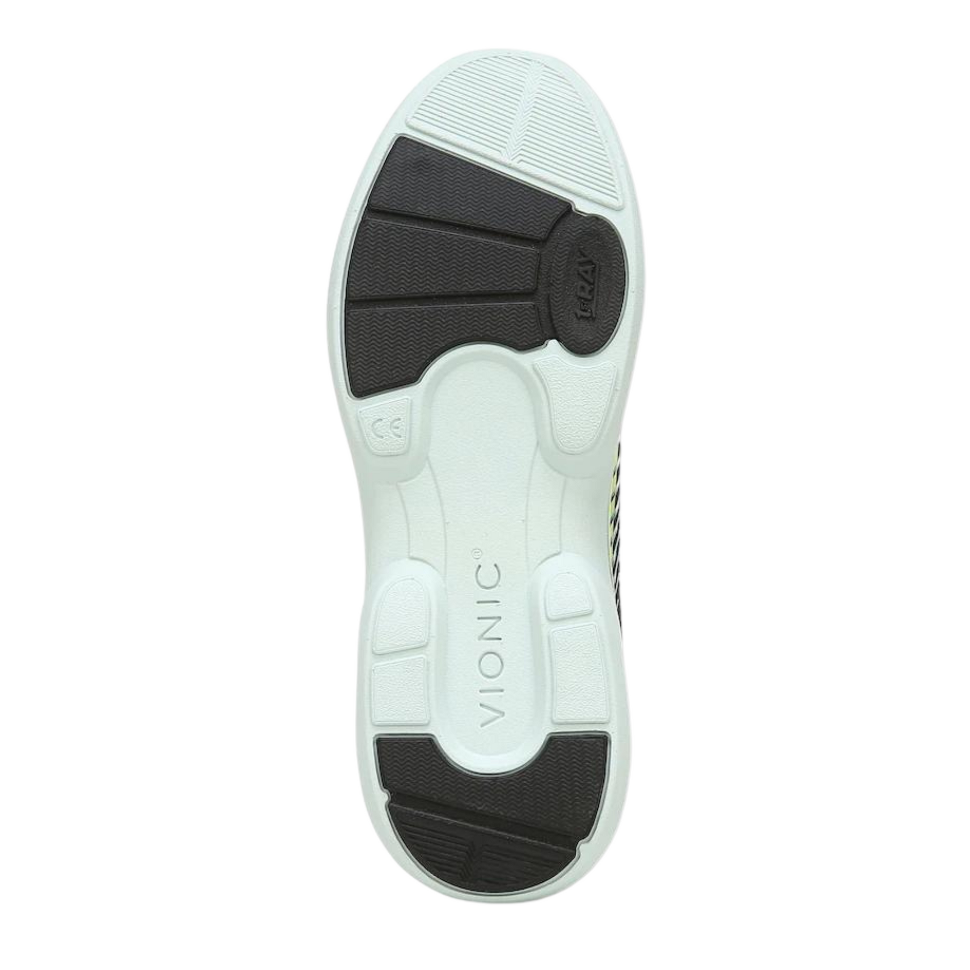 A bottom view of a sneaker with a white and black rubber outsole.