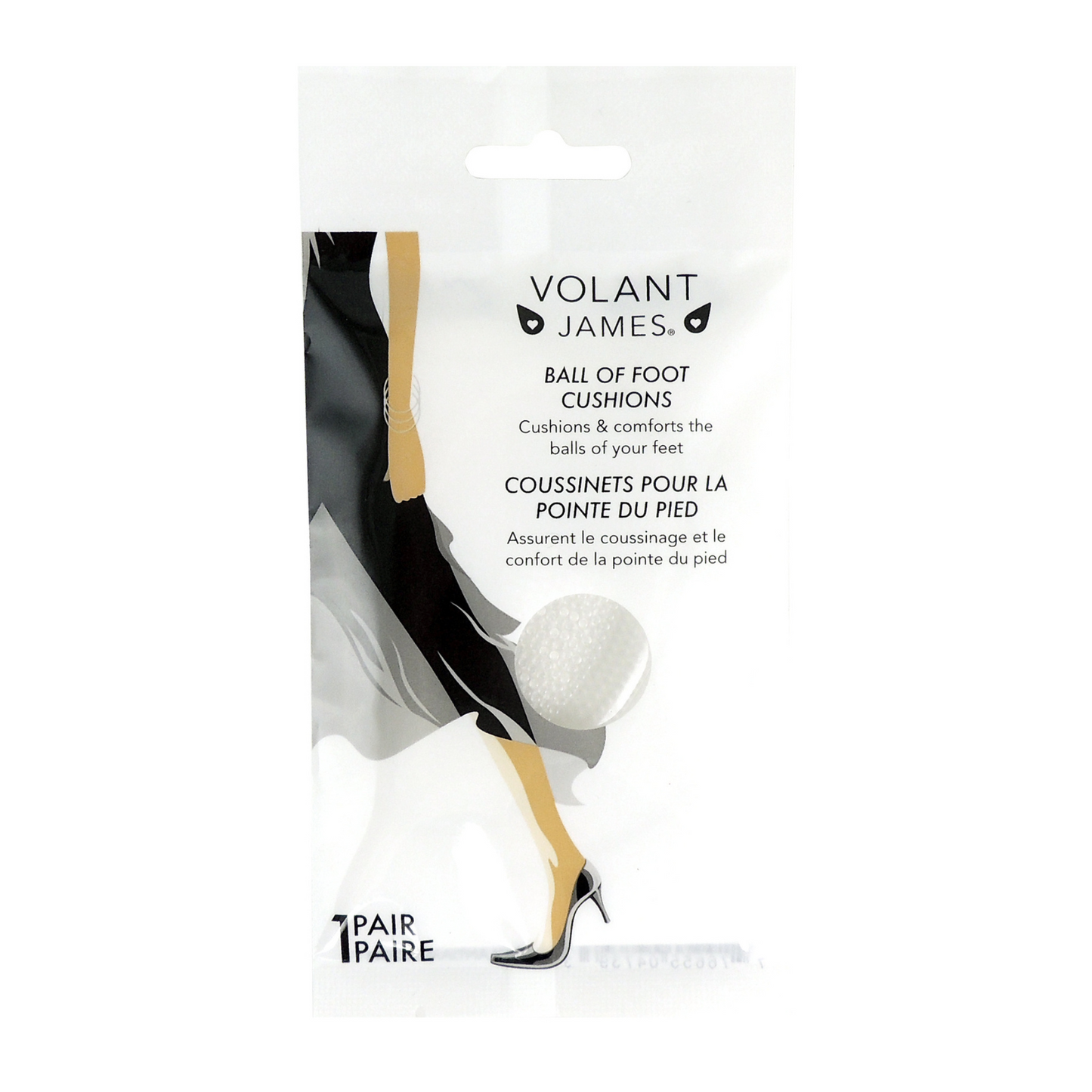 A front view of a package of Volant James clear ball of foot cushions.