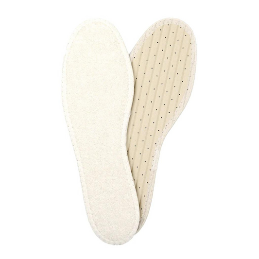 A top view of two white insoles, one facing forward and the other backward.