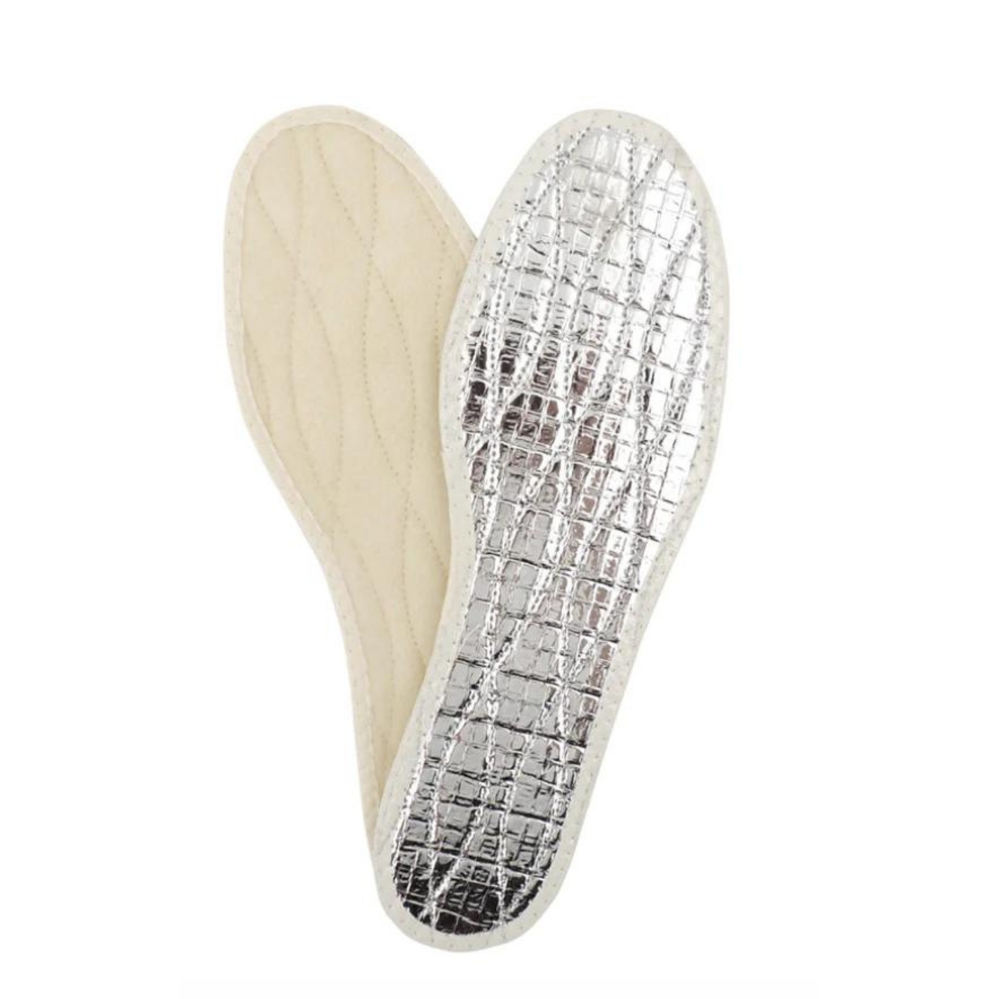 The front and back of a pair of thermal insoles, one side being cream coloured and the other shiny silver.