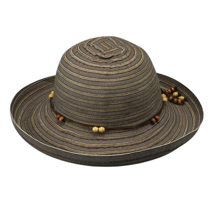 A brown hat has a spiral beige trim that creates rows down the hat. A beaded brown string is tied around the base of the crown.