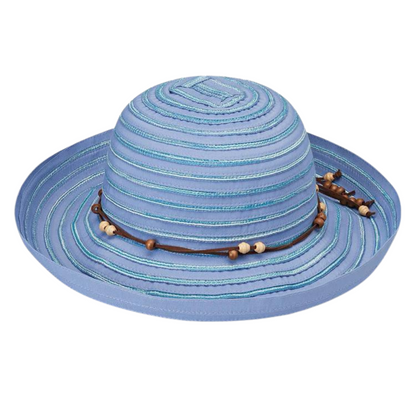 A light lilac blue hat has a spiral light blue trim that creates rows down the hat. A beaded brown string is tied around the base of the crown.