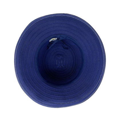 The bottom of the navy blue hat has an interior band with adjustable string encircling the base of the crown.
