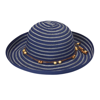A light navy hat has a spiral silver trim that creates rows down the hat. A beaded brown string is tied around the base of the crown.