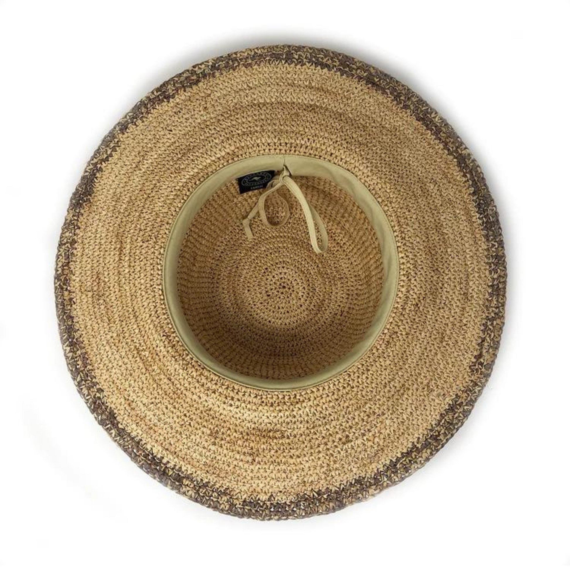 The underneath of a hat is pictured with ombré warm grey brim on edge to natural tan weave. The inner of the crown has a band of tan fabric that cases an adjustable string.