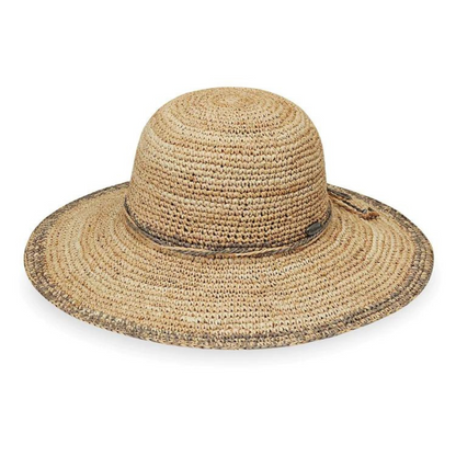 A natural weaved hat is pictured in profile with a subtle ombré of warm grey along rim and base of crown. A tan and grey string is wrapped.