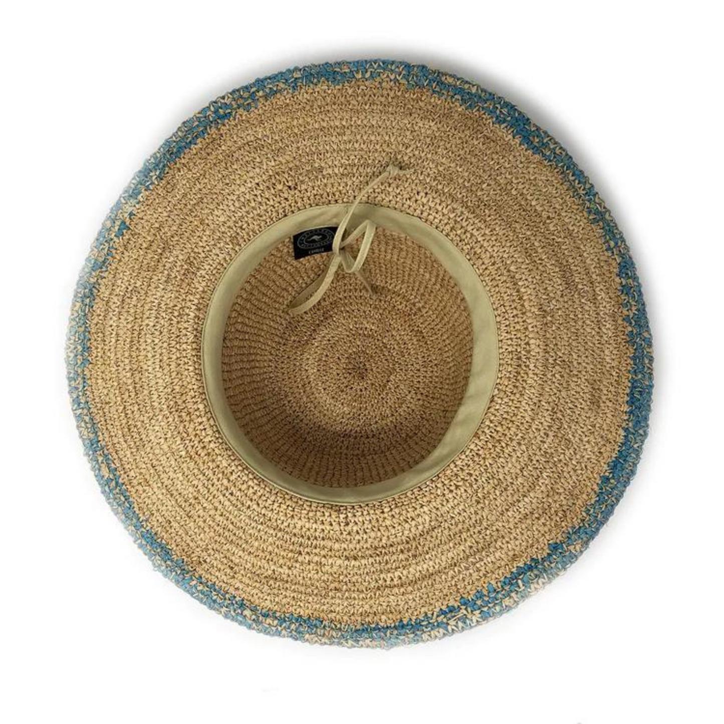 The underneath of a hat is pictured with ombré turquoise brim on edge to natural tan weave. The inner of the crown has a band of tan fabric that cases an adjustable string.