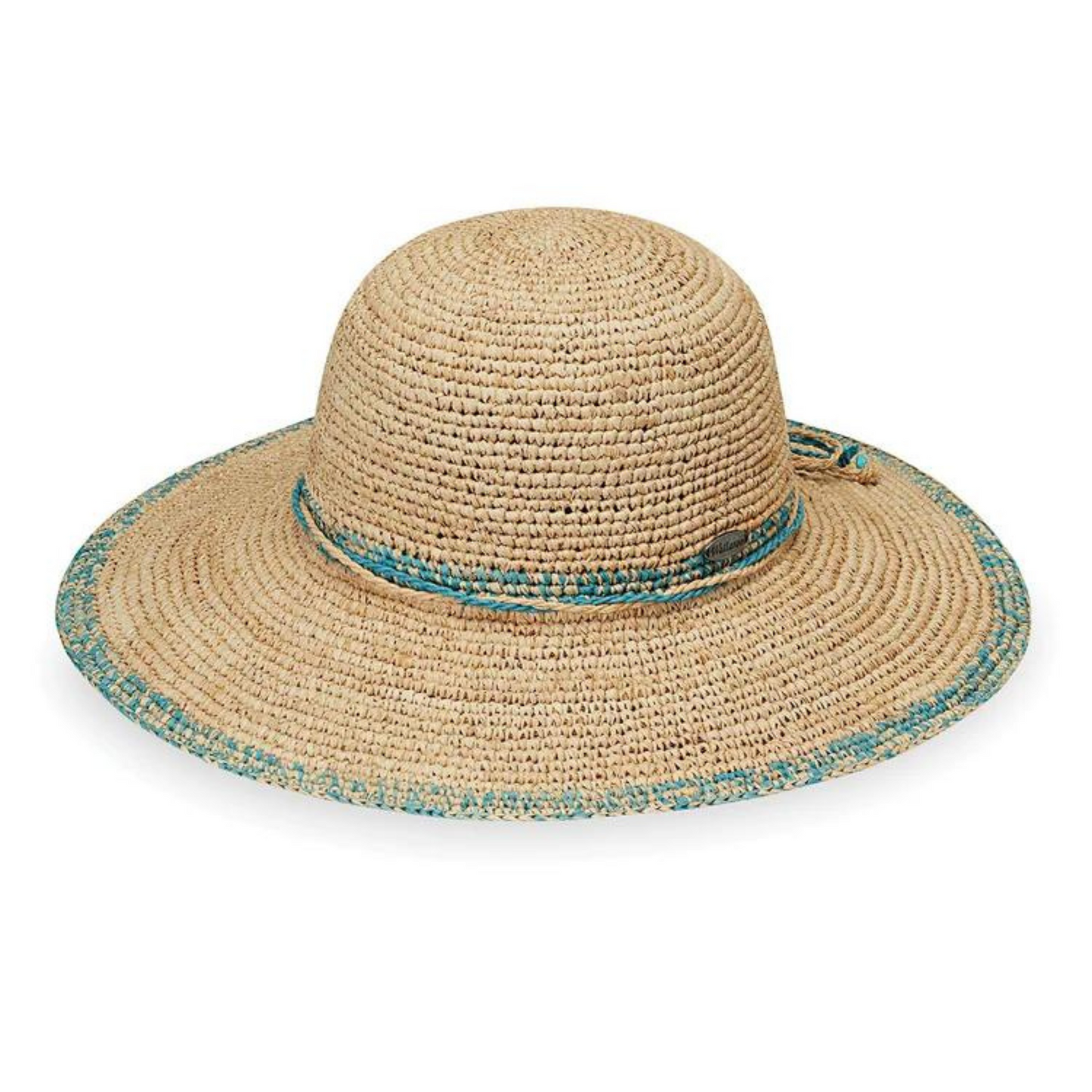 A natural weaved hat is pictured in profile with a subtle ombré of turquoise along rim and base of crown. A tan and turquoise string is wrapped.