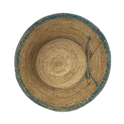 The top of the hat is pictured showing the tan weave, a mixed tan and turquoise string trim around the brim, and a ombré turquoise edge on the brim.
