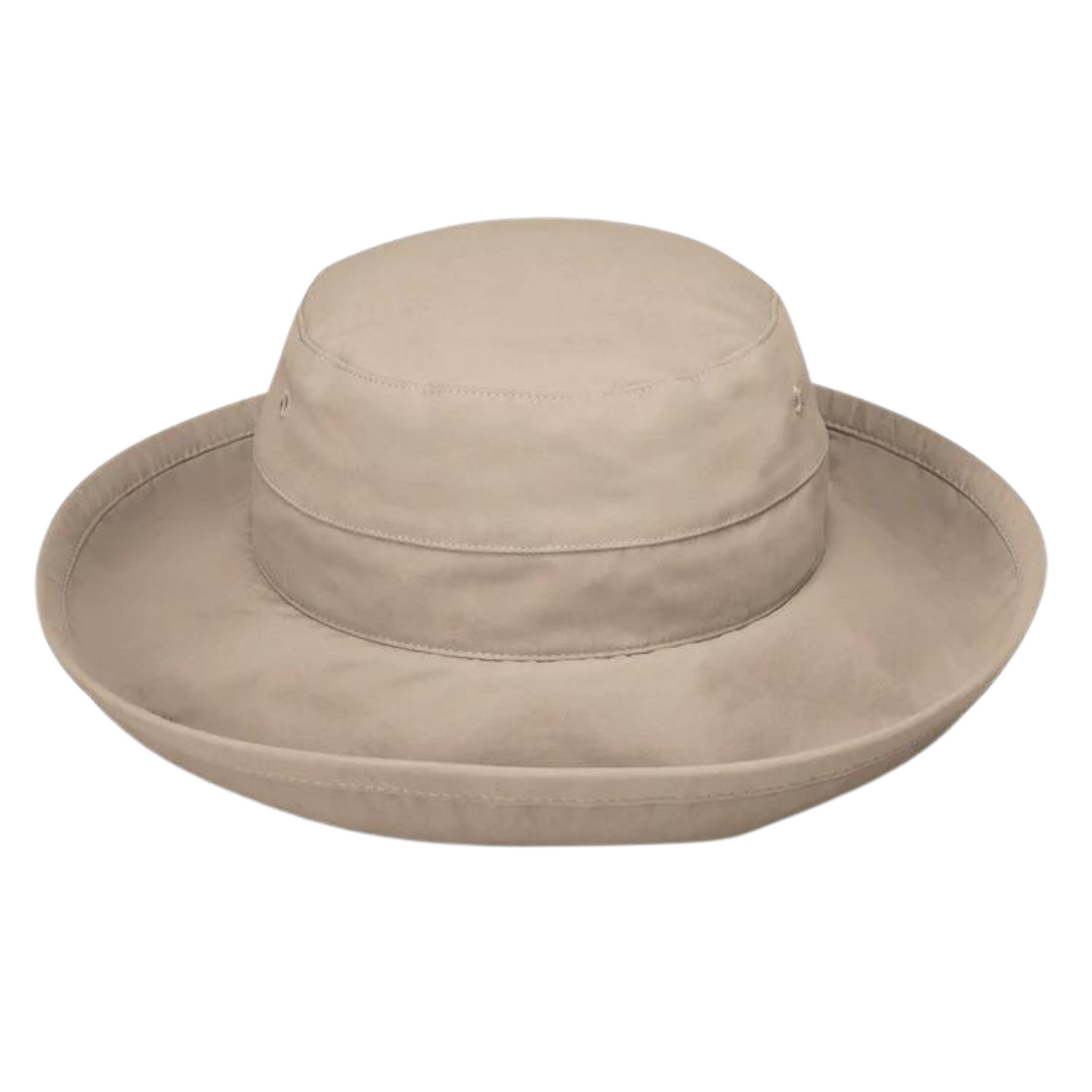 Tan hat pictured from the front featuring a turned up brim and uniform coloured band in the centre that is emphasized with stitch detail.