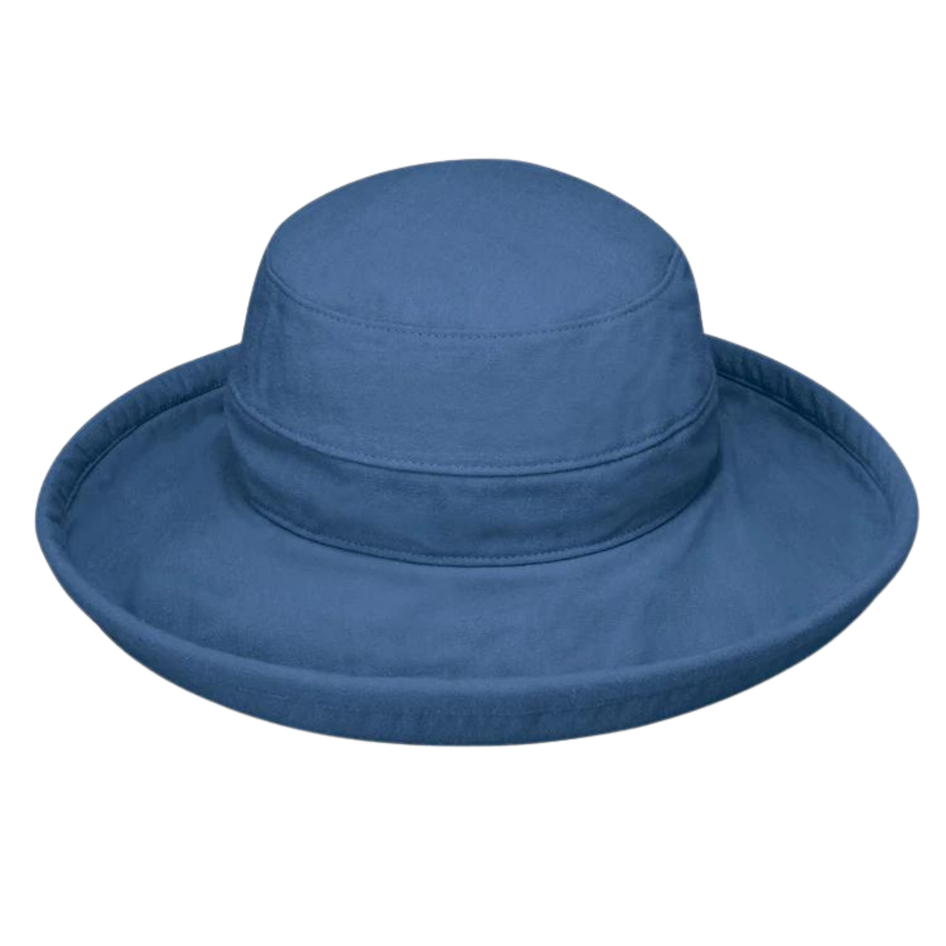 Blue hat pictured from the front featuring a turned up brim and uniform coloured band in the centre that is emphasized with stitch detail.