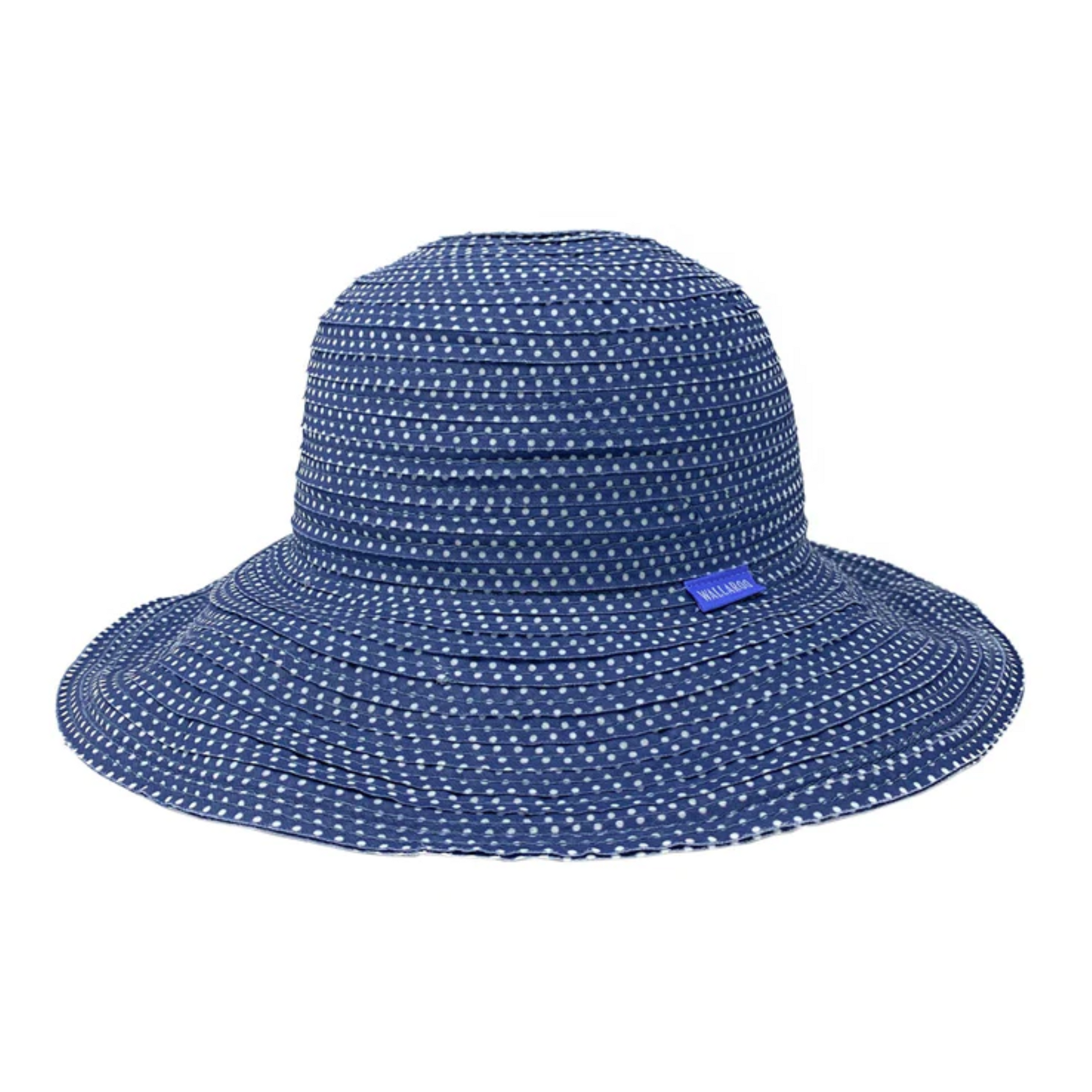 Medium blue hat with informal wrap texture and white polka dots.