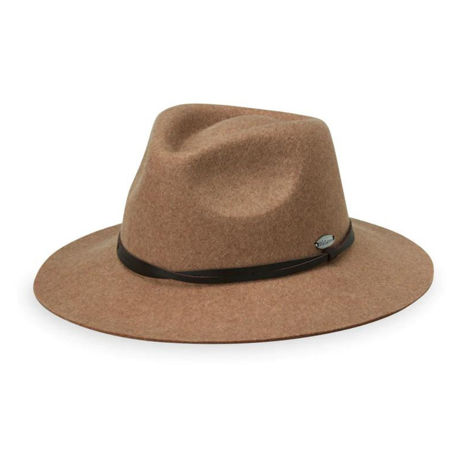 A front view of a light brown felted fedora with a black band.
