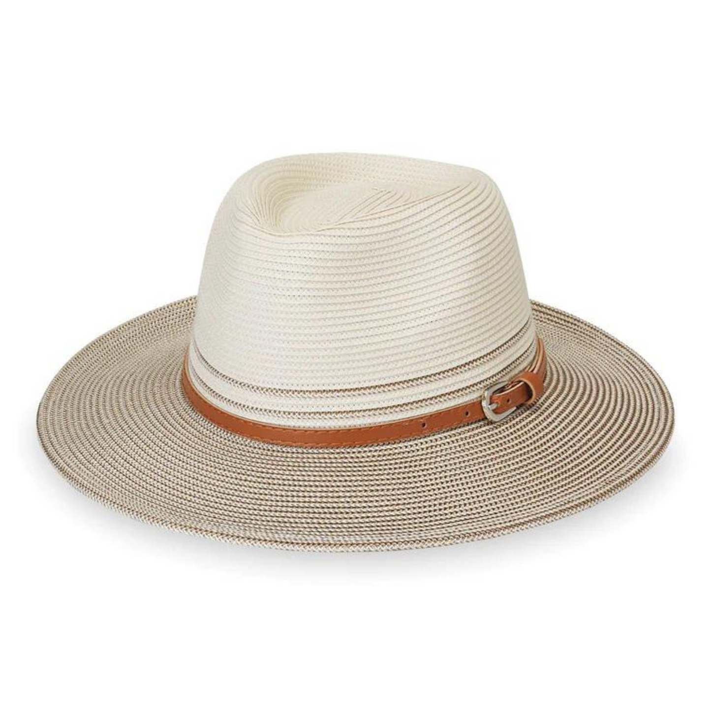 A front view of a cream and light brown weaved hat with a light brown band.