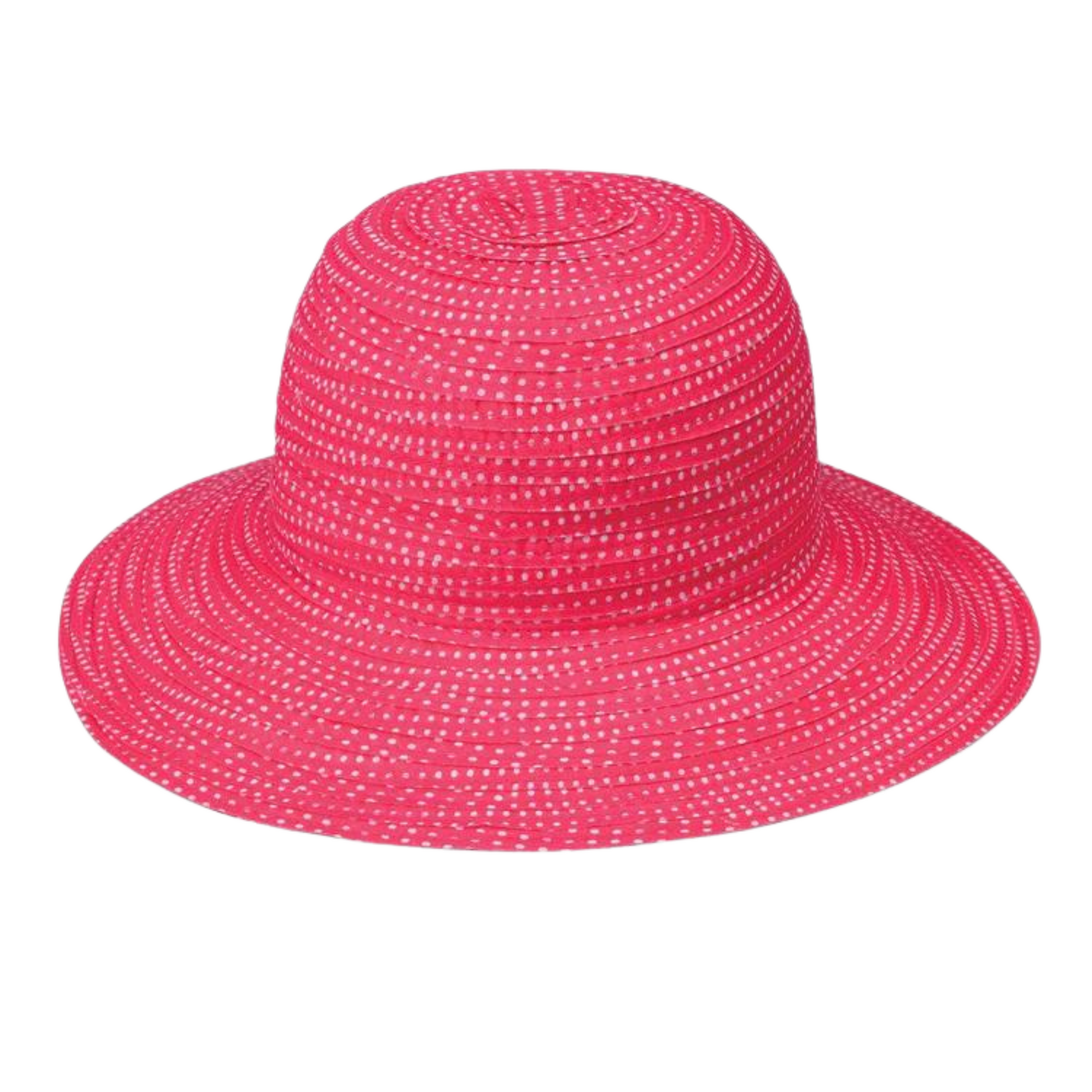 Pink hat with a varied informal wrap texture with white polka dots.