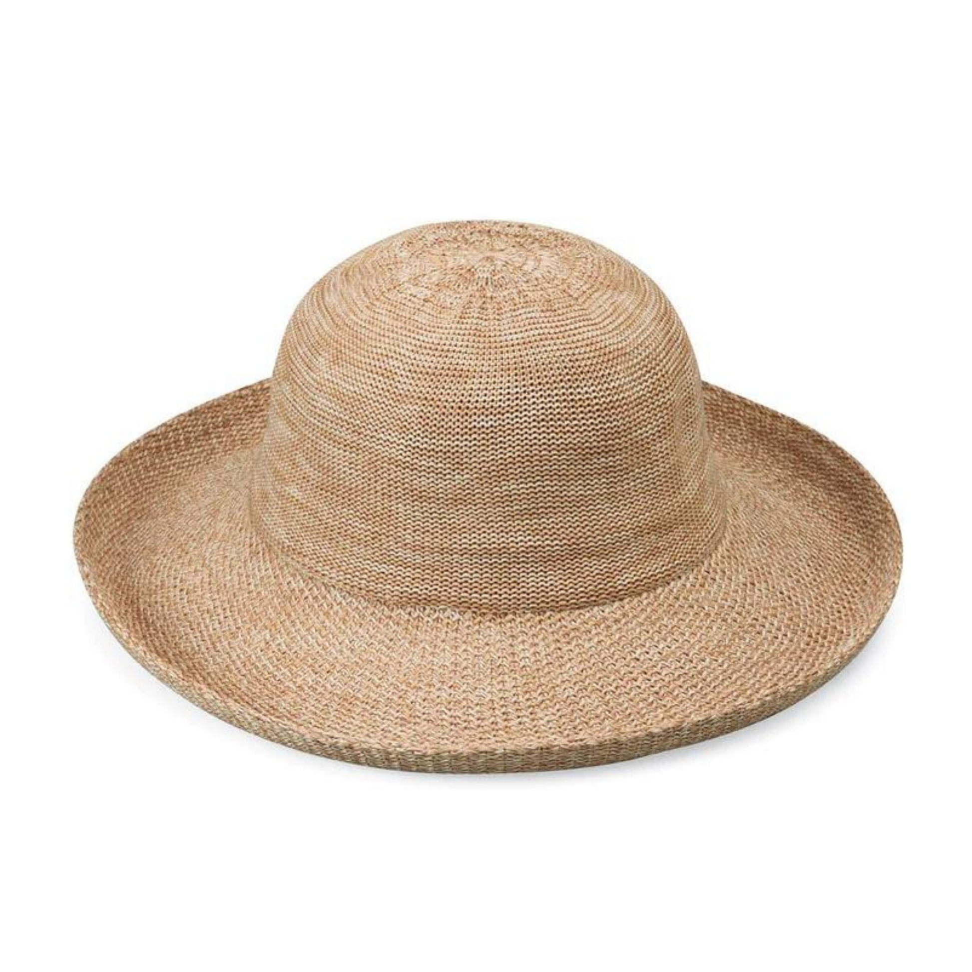 A front view of a light brown weaved sunhat.