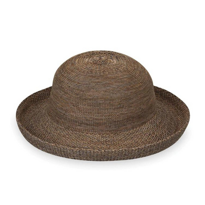 A front view of a dark brown weaved sunhat.
