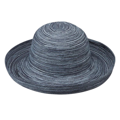 A grey hat with varying light and dark streaks is pictured with a turned up brim and bowl-like headpiece. 