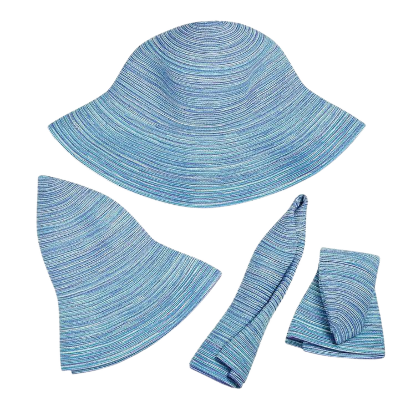 A series of 4 hats in light blue streaked colouring show the iterations of the Sydney being folded into a small rectangle. It is first folded in half, then rolled into a long cylinder, then folded in half.