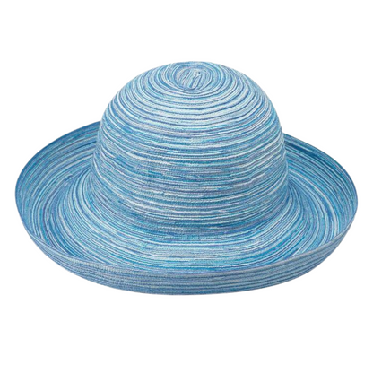 A light blue hat with varying streaks is pictured with a turned up brim and bowl-like headpiece. 