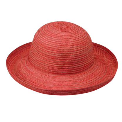 A red hat is pictured with a turned up brim and bowl-like headpiece. 