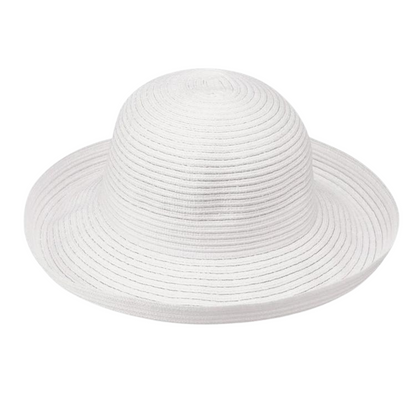 A white hat is pictured with a turned up brim and bowl-like headpiece. 