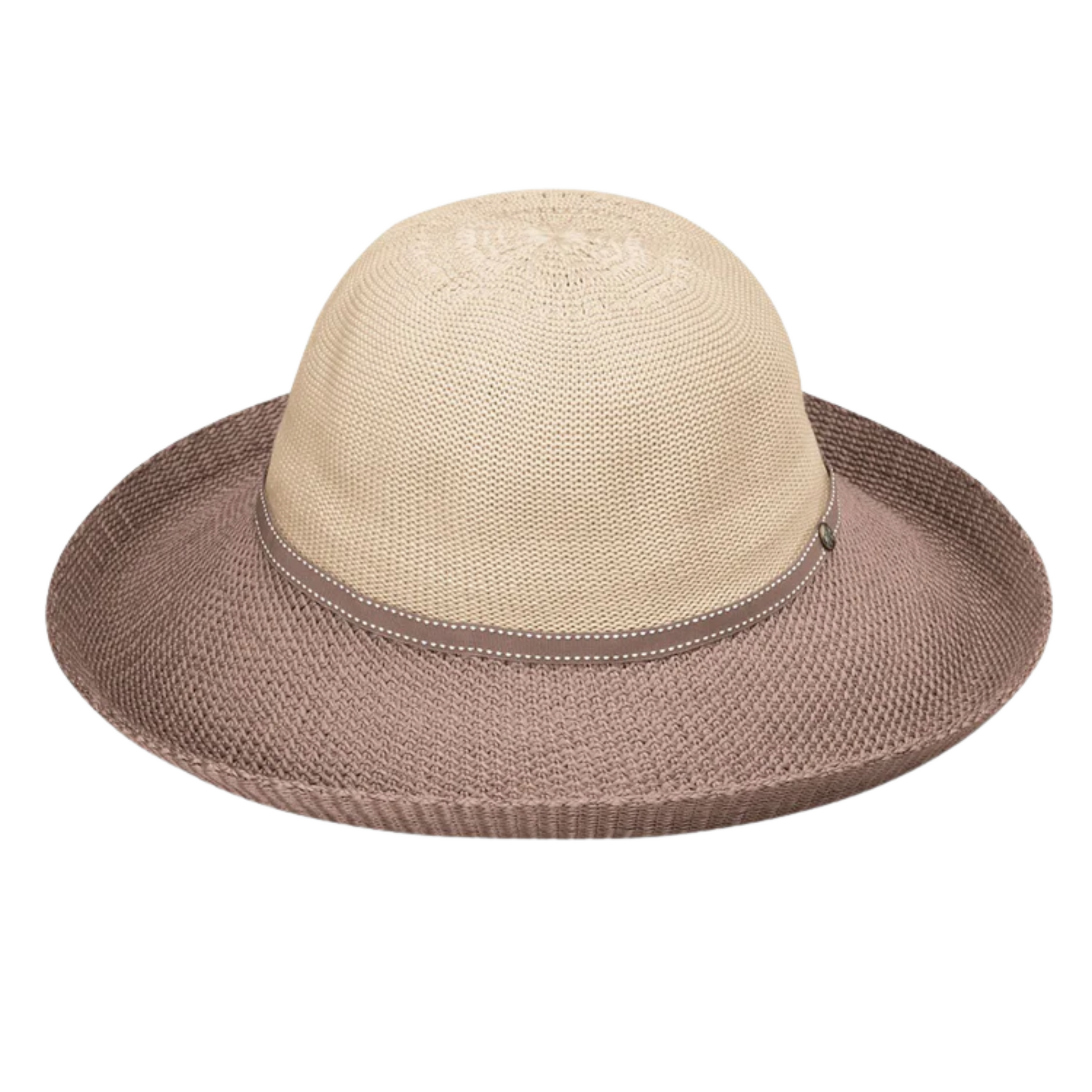 Two tone weaved hat pictured from the front. Features a light beige upper with light brown brim and brown contrast stitch band separating the brim from the head.