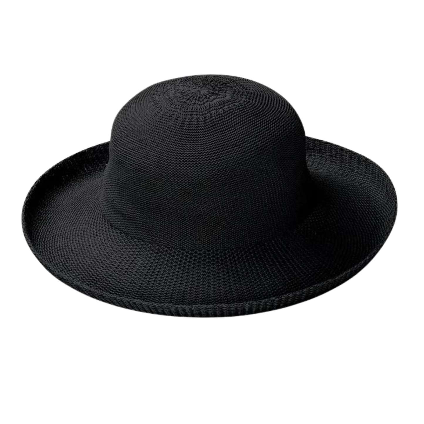 Black weaved hat with soft curvature and rolled in brim.