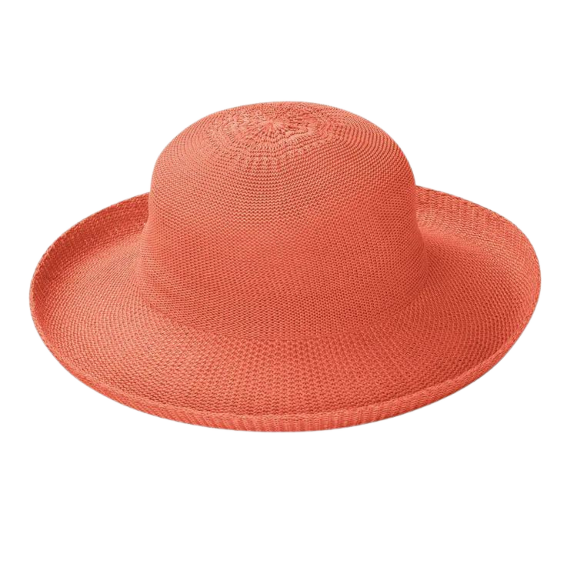 Light red-orange weaved hat with soft curvature and rolled in brim.