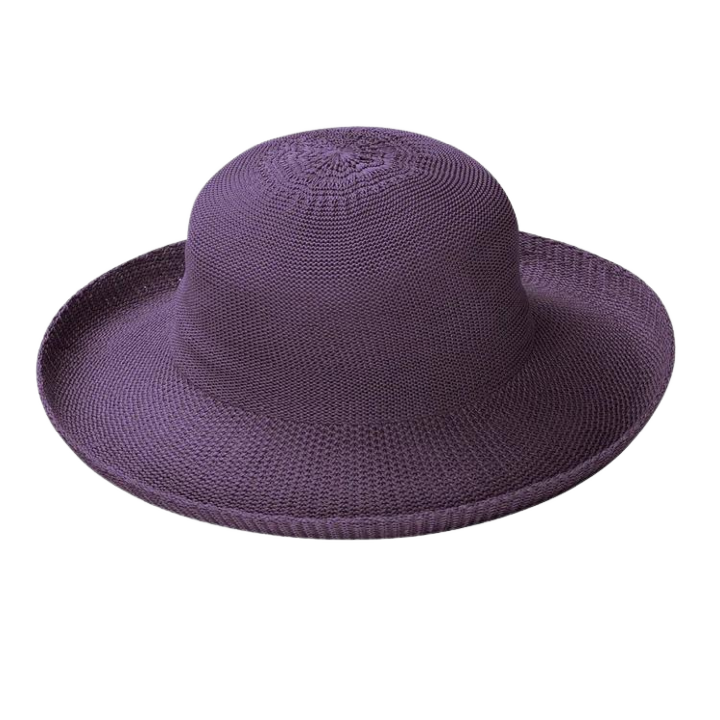 Dark-violet weaved hat with soft curvature and rolled in brim.