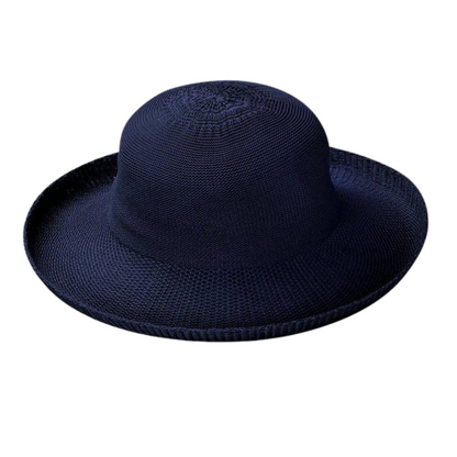 Dark navy weaved hat with soft curvature and rolled in brim.