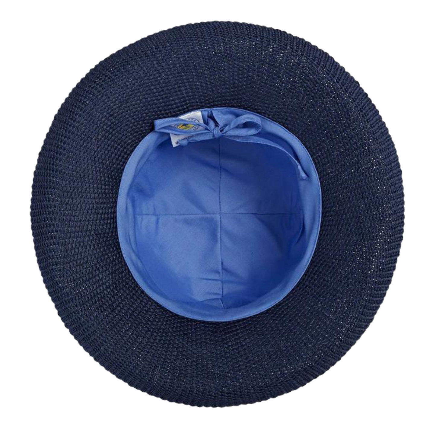 Hat pictured from below shows the dark navy brim connected to a fabric lining in light lilac blue with drawstring.