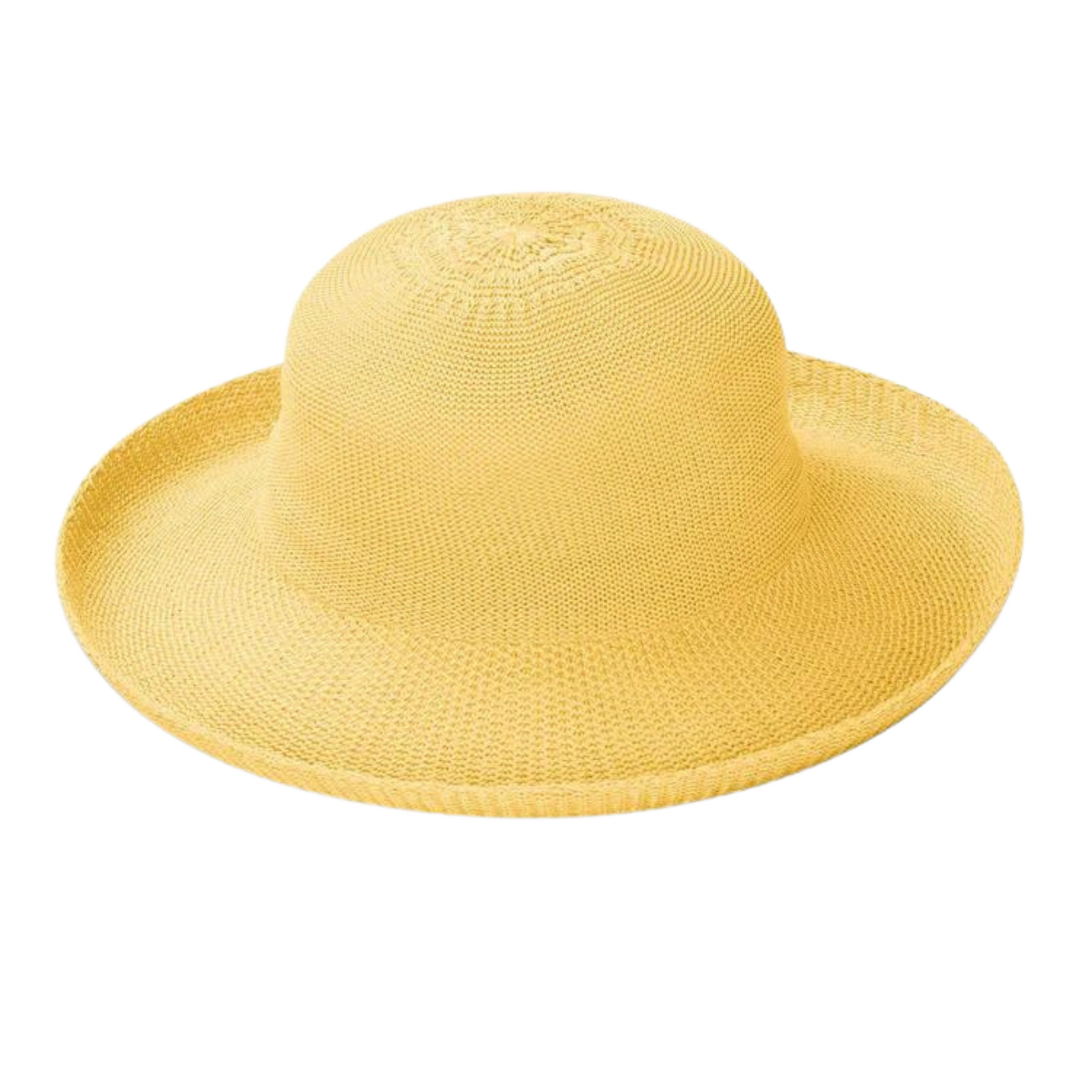 Light yellow weaved hat with soft curvature and rolled in brim.