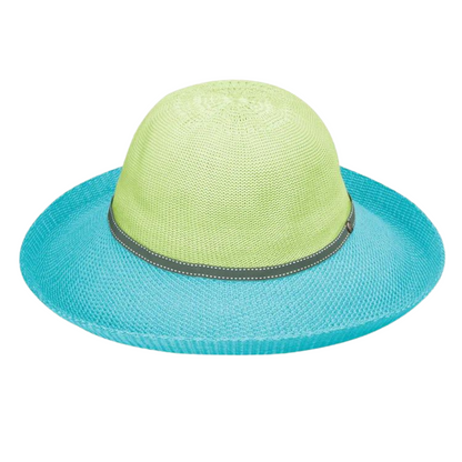 Two tone weaved hat pictured from the front. Features a light lime green upper with turquoise brim and grey contrast stitch band separating the brim from the head.
