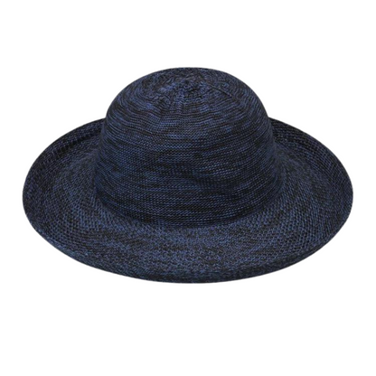 Dark navy/black heather texture weaved hat with soft curvature and rolled in brim.