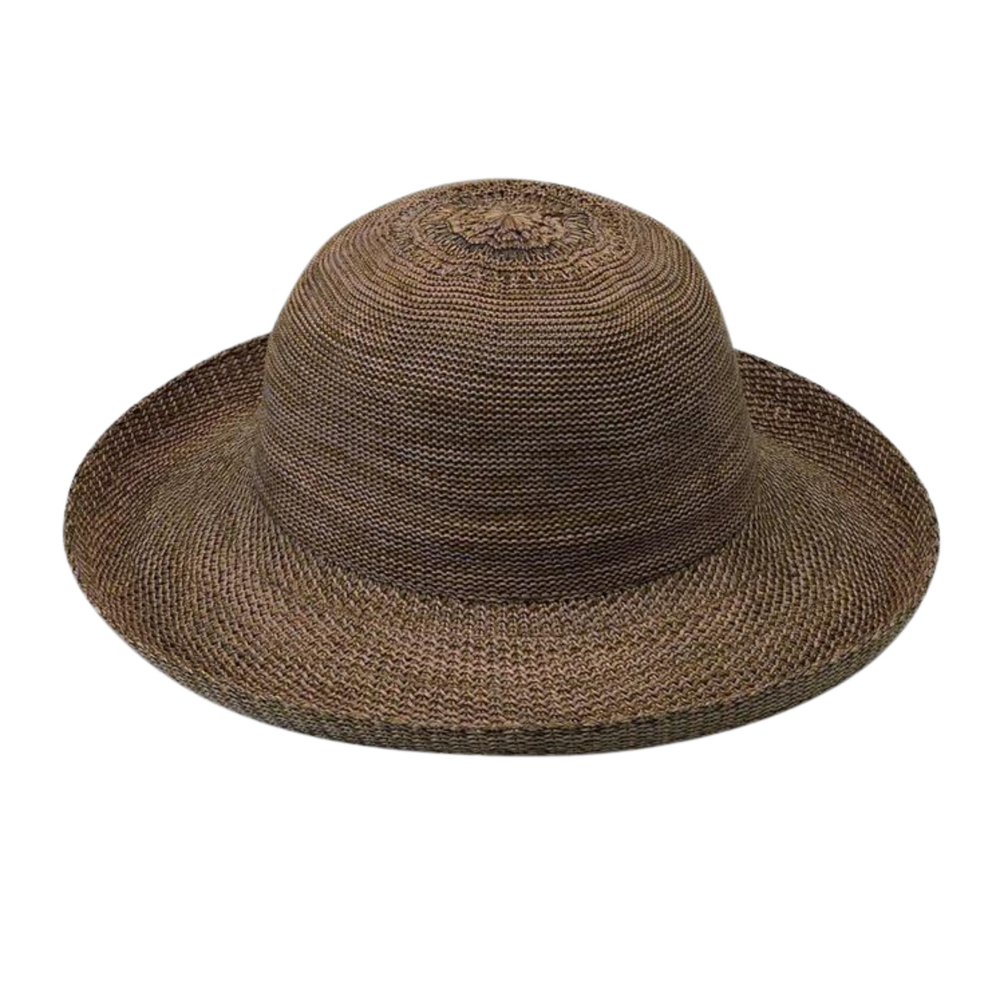 Neutral brown weaved hat with soft curvature and rolled in brim.