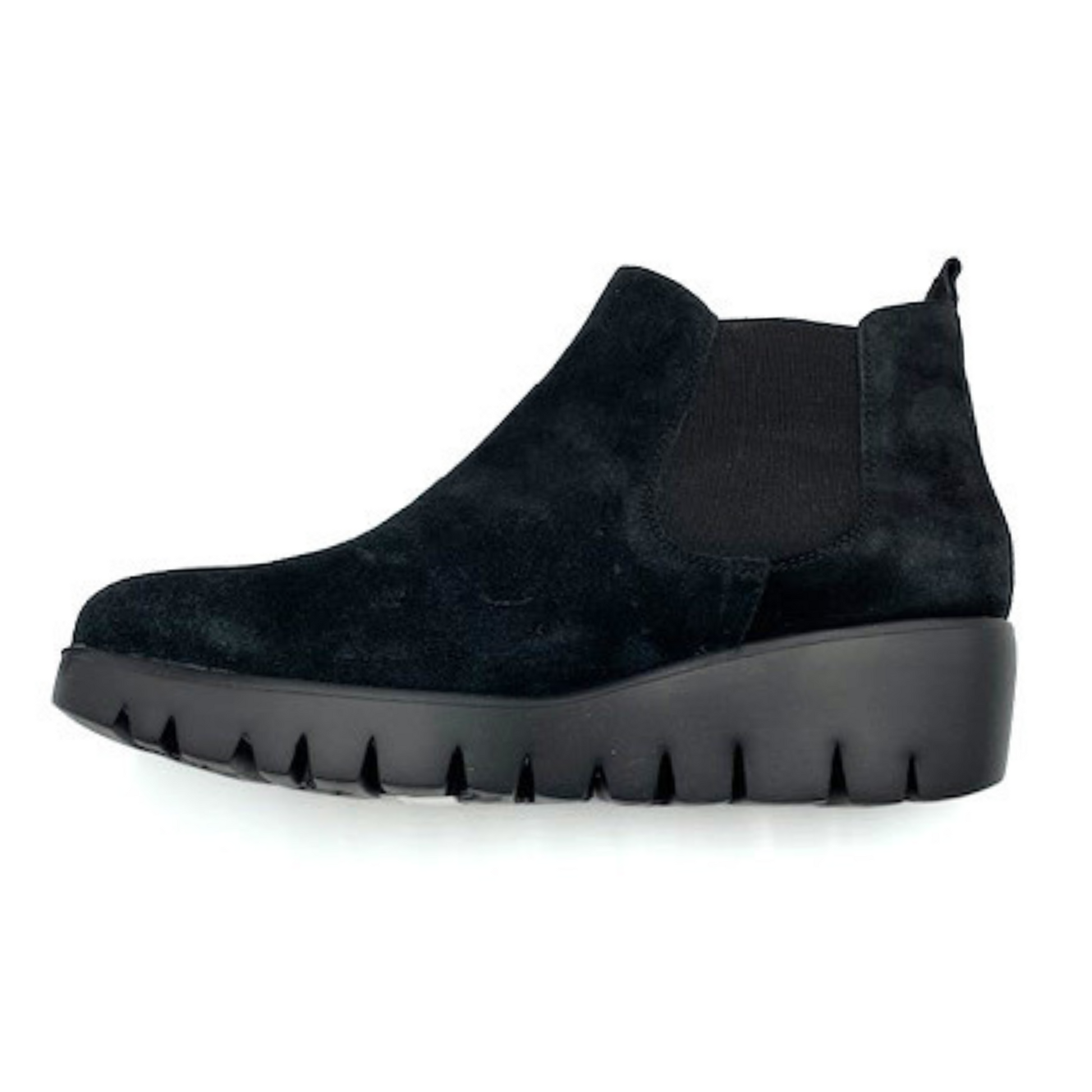 Suede black chelsea boot with thick platform sole and elastic side cut out pictured in profile.