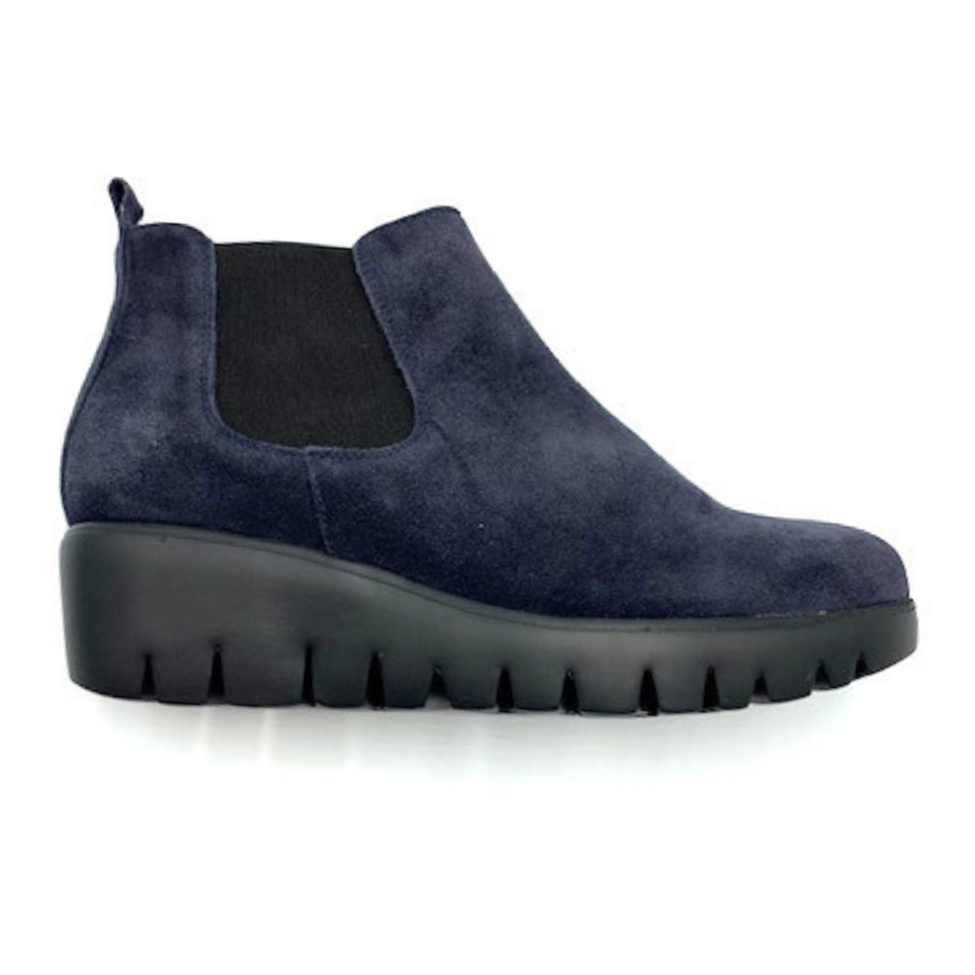 Suede dark blue chelsea boot with thick platform sole and black elastic side cut out pictured in profile.
